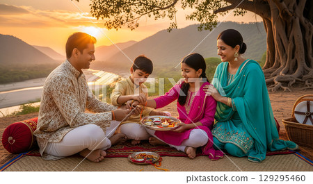 A cheerful Indian family is smiling as they celebrate a traditional festival together outdoors during a beautiful golden hour sunset 129295460