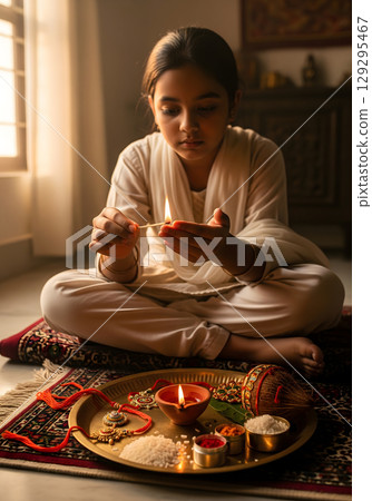 A young girl, looking focused and serene, sits on a rug, lighting a match for a candle on a traditional puja platter 129295467