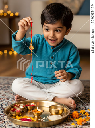 A cute young boy sits on the floor, happily holding up a Rakhi bracelet, with a traditional silver puja platter in front of him 129295469