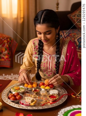 A young woman with braided hair is smiling happily as she arranges sweets on a traditional silver platter for a celebratory occasion A young woman with braided hair is smiling happily as she arranges sweets on a traditional silver platter for a celebratory occasion 129295476