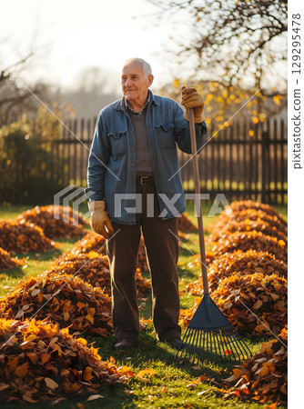 A contented elderly man stands proudly beside a pile of raked autumn leaves, holding a rake in his hand 129295478