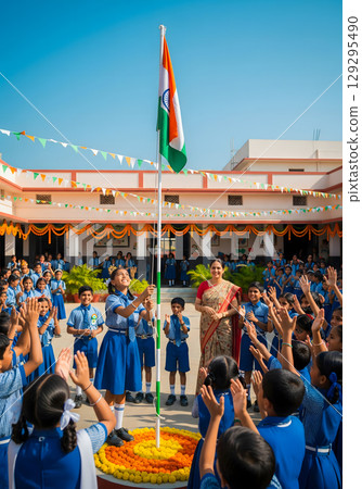 A school full of joyful students and their teacher raising the flag of India at a festive celebration A school full of joyful students and their teacher raising the flag of India at a festive celebration 129295490