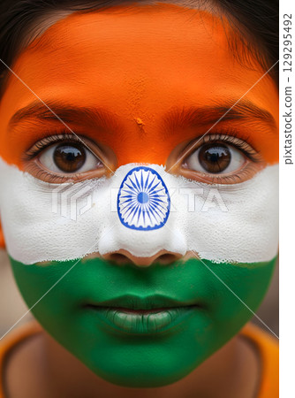 A young child with the flag of India painted on their face, looking at the camera with a neutral expression 129295492