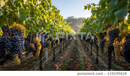A scenic view of lush grapevines laden with ripening grapes, with a rustic building visible in the background 129295626