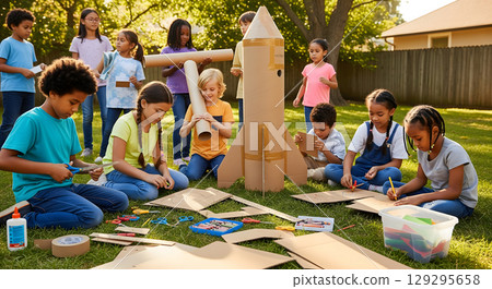 A diverse group of young male and female students, feeling happy and creative, are making a cardboard rocket ship on a lawn 129295658