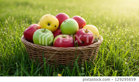 A rustic wicker basket sits in dewy green grass, overflowing with a mix of fresh red, yellow, and green apples A rustic wicker basket sits in dewy green grass, overflowing with a mix of fresh red, yellow, and green apples 129295659