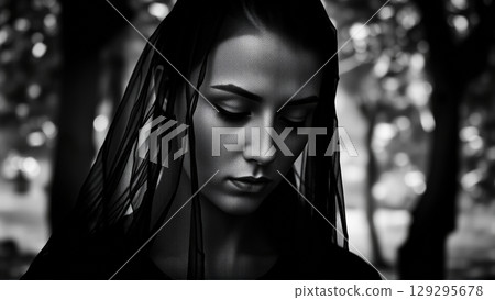 Portrait of a Woman in a Black Mourning Veil on Her Head 129295678