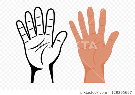 Hand Gesture Vector Illustration. Open Human Hand with Palm Showing, Raised Hand for High Five, Stop Sign, Counting to Five, Palmistry, Voting, Greeting, Medical and Educational Design, Flat Hand Icon Hand Gesture Vector Illustration. Open Human Hand with Palm Showing, Raised Hand for High Five, Stop Sign, Counting to Five, Palmistry, Voting, Greeting, Medical and Educational Design, Flat Hand Icon 129295697