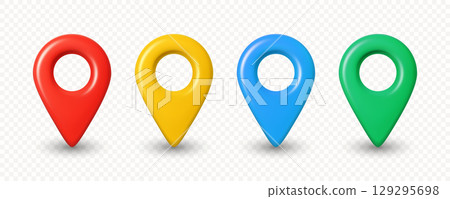 Vector 3d Realistic Map Pin Icons in Red, Yellow, Blue, Green for GPS Map Pin Location Marker. Navigation Map Pin Pointer Symbol Set for Mobile App, Travel Guide, Map Design Template 129295698