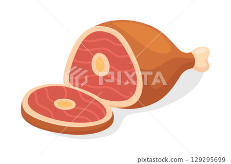 Vector Cartoon Ham with Sliced Piece Icon. Fresh Juicy Meat, Pork Cut, Isolated. Clipart for Butcher Shop, Food Packaging, Market, Menu, Farm Product, BBQ, Cooking. Meat Design Template 129295699