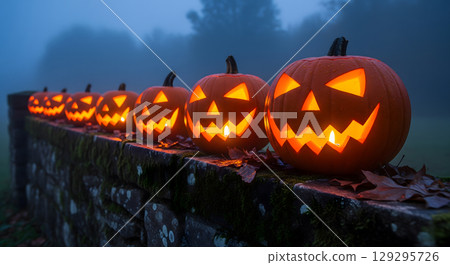 A line of glowing carved pumpkins sits on a mossy stone wall on a foggy, dark night, creating a spooky and atmospheric scene 129295726