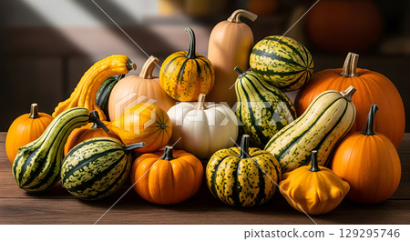 A diverse assortment of pumpkins and gourds of various shapes, sizes, and colors are arranged together on a rustic wooden surface 129295746