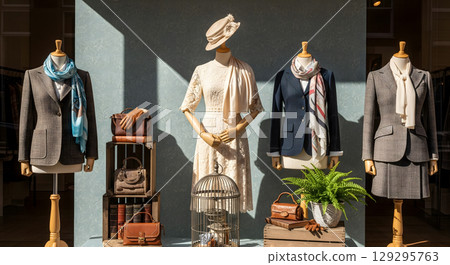 A storefront window display featuring three mannequins dressed in classic, sophisticated outfits, with various vintage-style accessories and decor 129295763