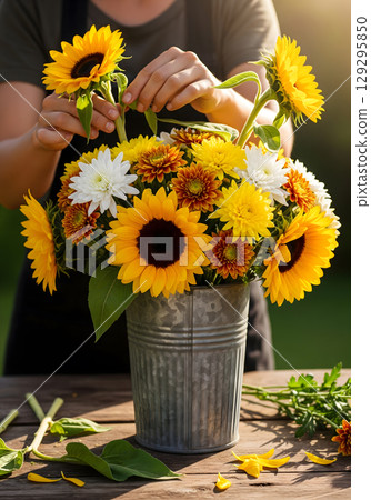 A florist, with a happy expression, is arranging a vibrant bouquet of sunflowers and other colorful flowers in a metal bucket 129295850