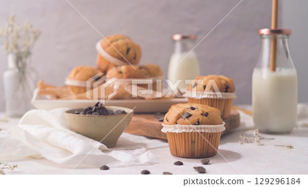 Chocolate chip muffins with milk 129296184