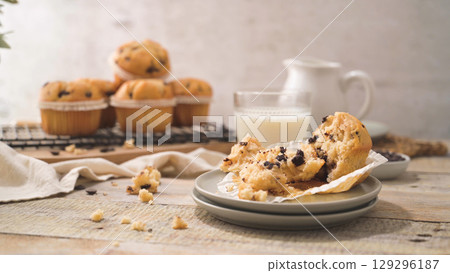 Chocolate chip muffins with milk Chocolate chip muffins with milk 129296187