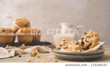 Chocolate chip muffins with milk Chocolate chip muffins with milk 129296191