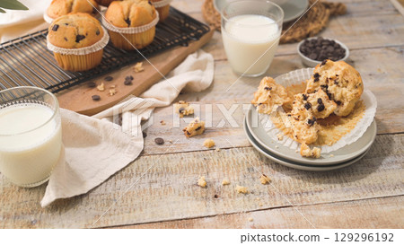 Chocolate chip muffins with milk 129296192