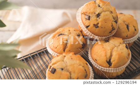Chocolate chip muffins with milk Chocolate chip muffins with milk 129296194