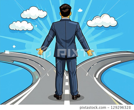 Illustration of a businessman at a crossroads in life Illustration of a businessman at a crossroads in life 129296328