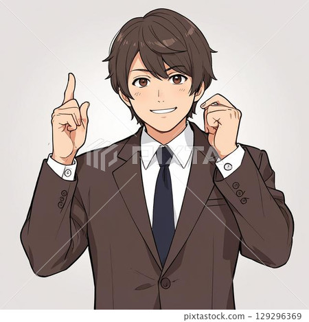 A young businessman pointing up and showing an idea (white background) 129296369