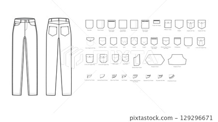 Set of Jeans with pockets - Denim technical fashion illustration with Patch, Rounded, traditional Kangaroo angled 5, 129296671