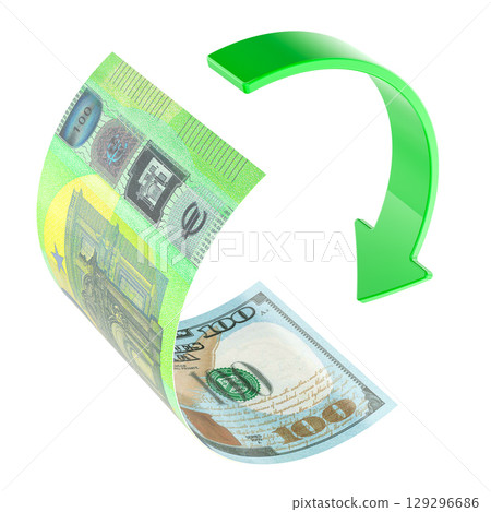 Currency exchange concept. Euro and Dollar bills with green arrow. 3D rendering 129296686