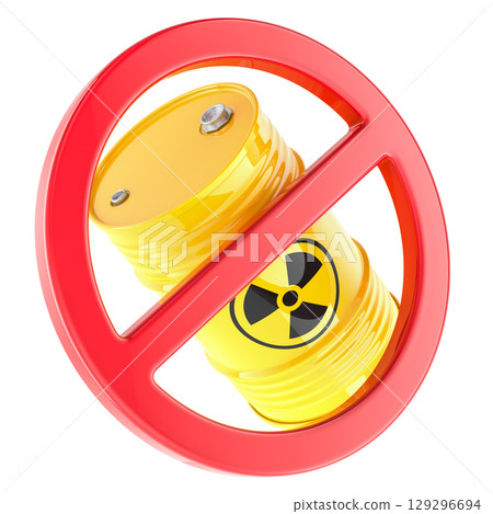 No radioactive waste, concept. Yellow barrel with radiation symbol in prohibition sign. 3D rendering No radioactive waste, concept. Yellow barrel with radiation symbol in prohibition sign. 3D rendering 129296694