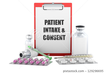 Patient intake and consent form, medical clipboard with medication. 3D rendering 129296695