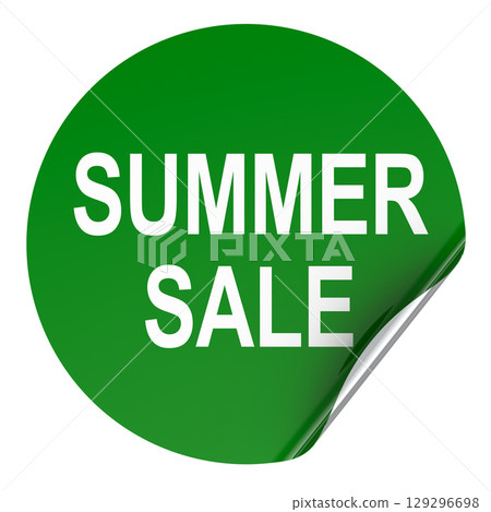 Summer sale sticker, green round label with curled corner. 3D rendering 129296698