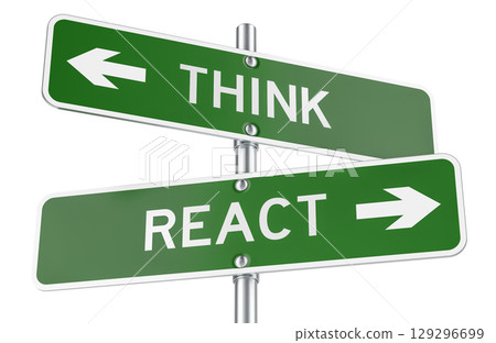 Think or React green direction arrows, street signs. 3D rendering 129296699