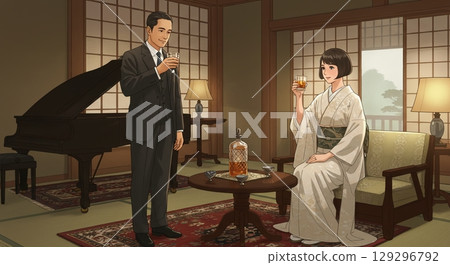 懷舊的風景!以大正浪漫風格繪製的街景。 懷舊的風景!以大正浪漫風格繪製的街景。 129296792