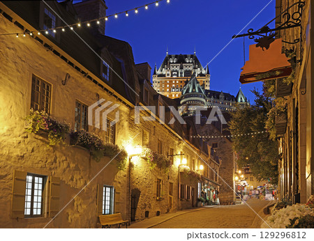 Old Quebec City Street illuminated at night, Canada 129296812