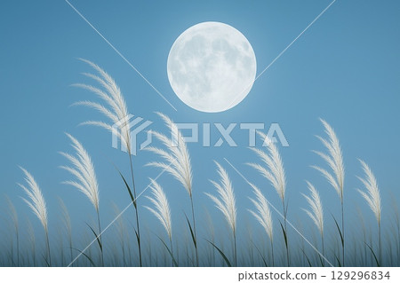 A fantastical landscape of autumn full moon and silver grass. Natural materials of the night with a sense of the season. 129296834
