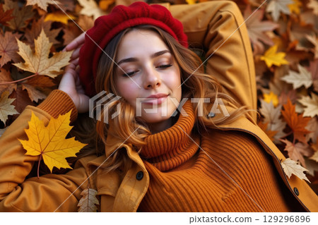 Woman lying in autumn leaves, wearing a red beret and brown coat. 129296896