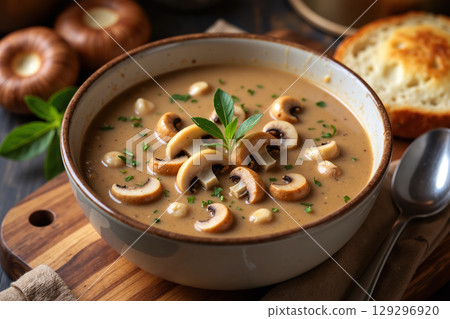 Creamy mushroom soup in a bowl with bread and mushrooms. 129296920