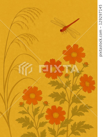 秋天的背景,有紅菊花和紅蜻蜓 秋天的背景,有紅菊花和紅蜻蜓 129297145