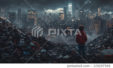 boy cityscape pollution scene skyscrapers windows 129297368