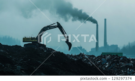 excavator terrain scene mountains factory chimneys 129297374