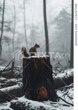 tree stump forest squirrel misty sits 129297386