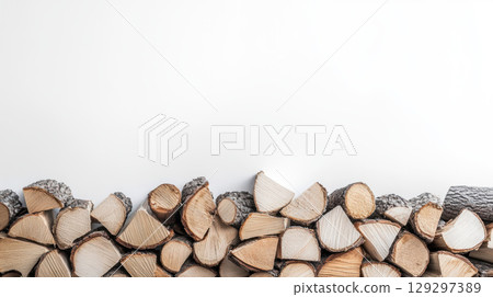 view background closeup firewood stack white 129297389