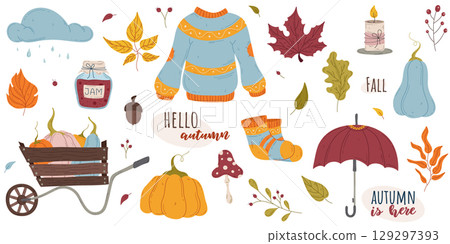 Hand drawn Autumn symbols set 129297393