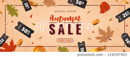 Autumn sale banner with 3D elements 129297403