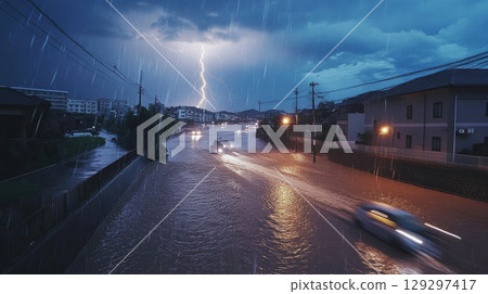 nighttime scene street car motion speed 129297417