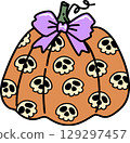 Retro Groovy Halloween Pumpkin with Skulls and Bow Illustration 129297457