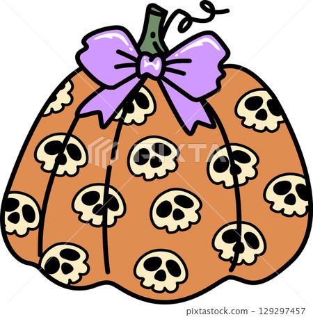 Retro Groovy Halloween Pumpkin with Skulls and Bow Illustration 129297457