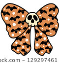 Retro Groovy Halloween Bow with Bats and Skull Cartoon Illustration 129297461