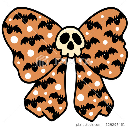 Retro Groovy Halloween Bow with Bats and Skull Cartoon Illustration 129297461