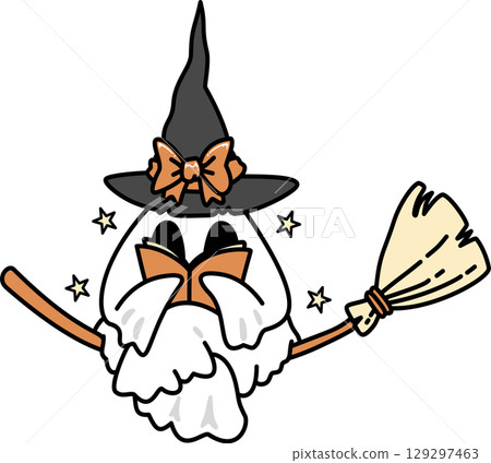 Retro Groovy Halloween Ghost Witch Reading a Book	 129297463