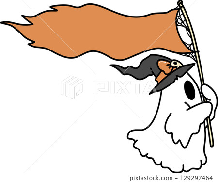 Retro Groovy Ghost Holding a halloween flag	 129297464